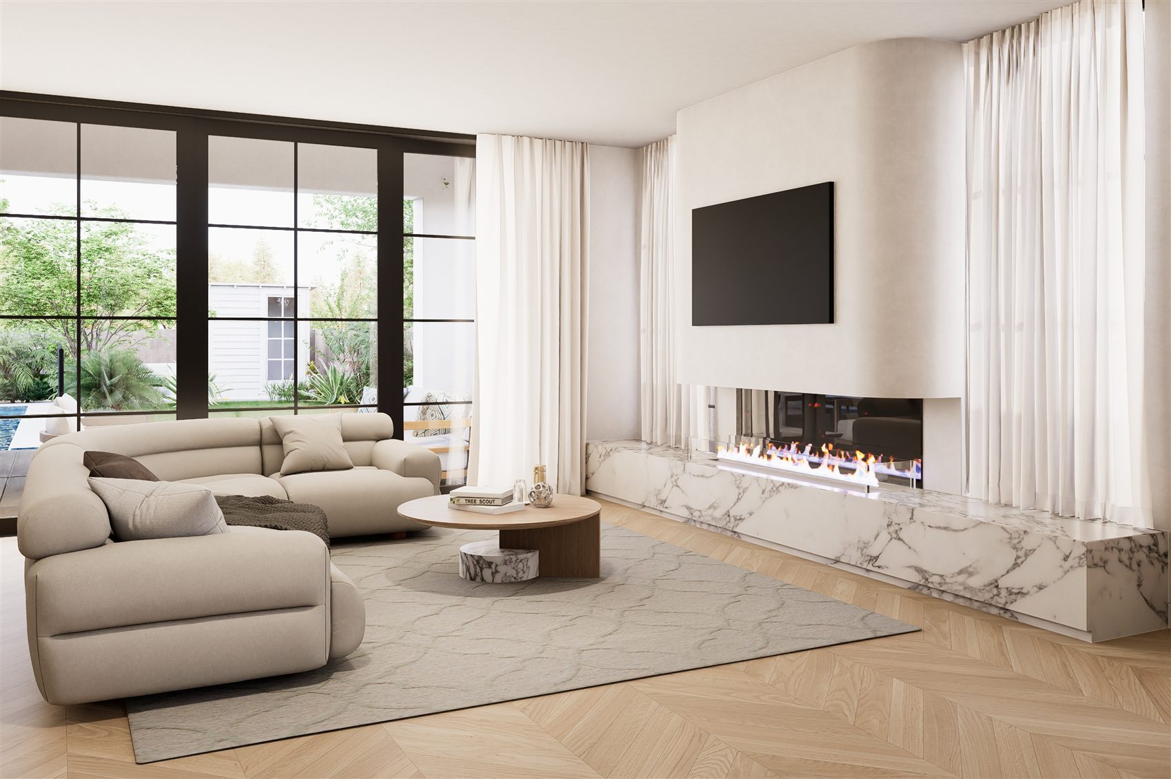 Bellevue Hill — living room with marble fireplace by STUDIO BELLE